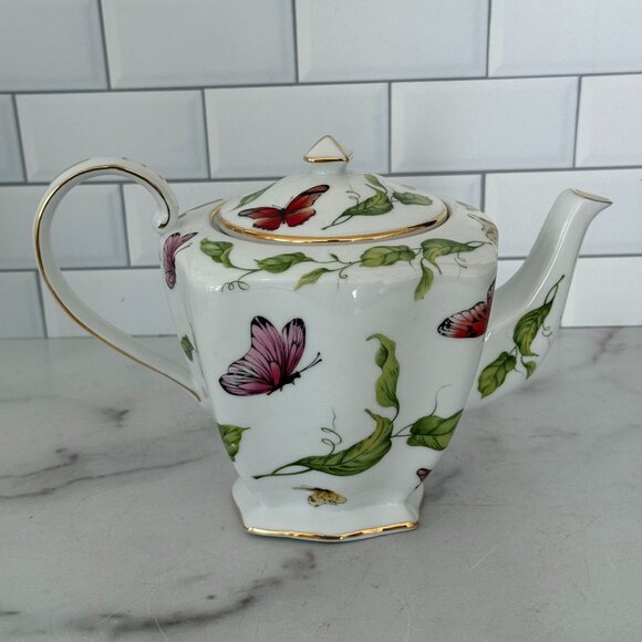 Godinger & Co Butterfly Garden Porcelain Teapot Gold Trim - 6-Cup Capacity - Picture 2 of 6